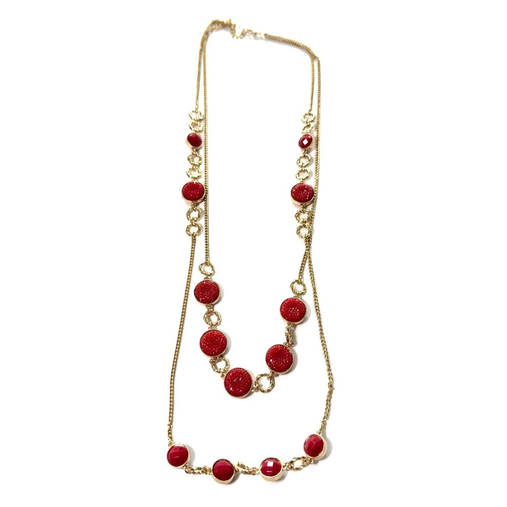 Vintage Gold Tone Multi Strand Layered Necklace Red Faux Druzy Cabochon Station